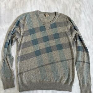 Burberry Grey Crewneck Sweater with Blue Plaid